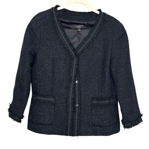 Talbots Jacket Womens 4 Black Wool Blend Tweed Pearl Button Blazer Elegant Trim